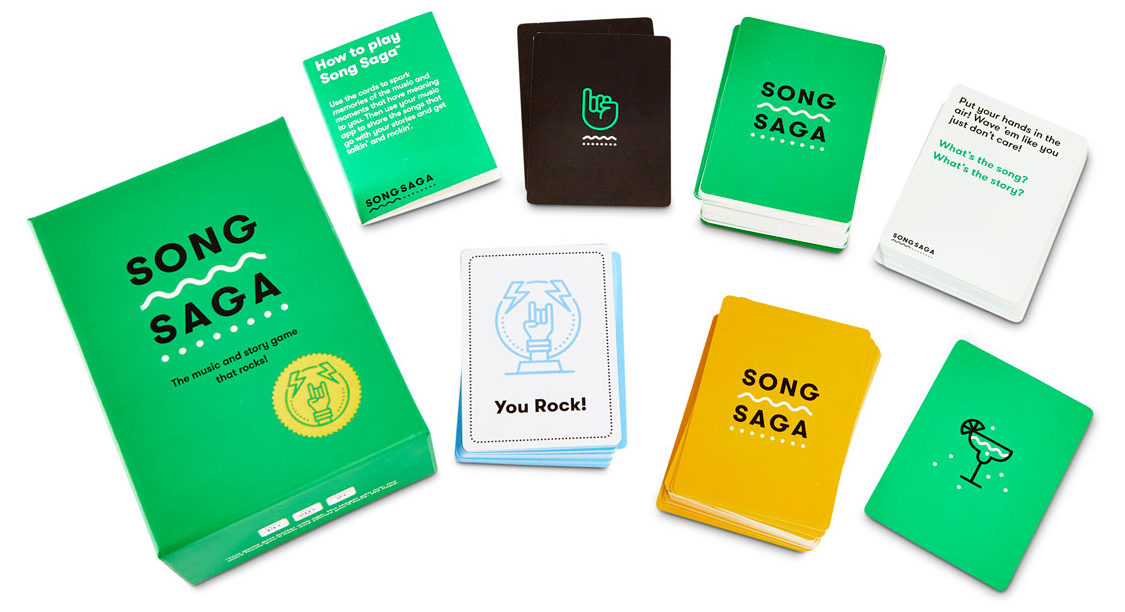 Song Saga Game, Music Game, Story Game, Party Game, Best Party Games, SongSaga, Green Box that Rocks, Card Game, Cards, You Rock Game, Conversation Starters Game, Spotify Game